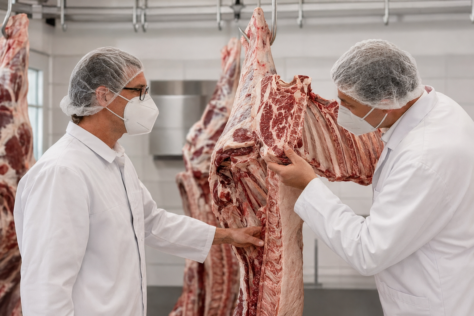 Regionaler Metzger bei der Fleischqualitätskontrolle für Flam's Burgers Asperg