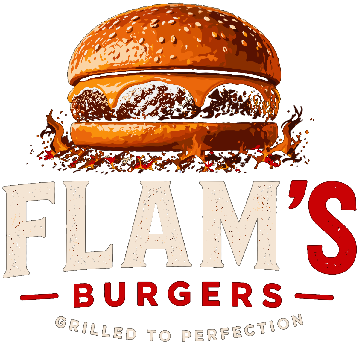Flam's Burgers — Grilled to Perfection, Logo mit Burger über Flammen